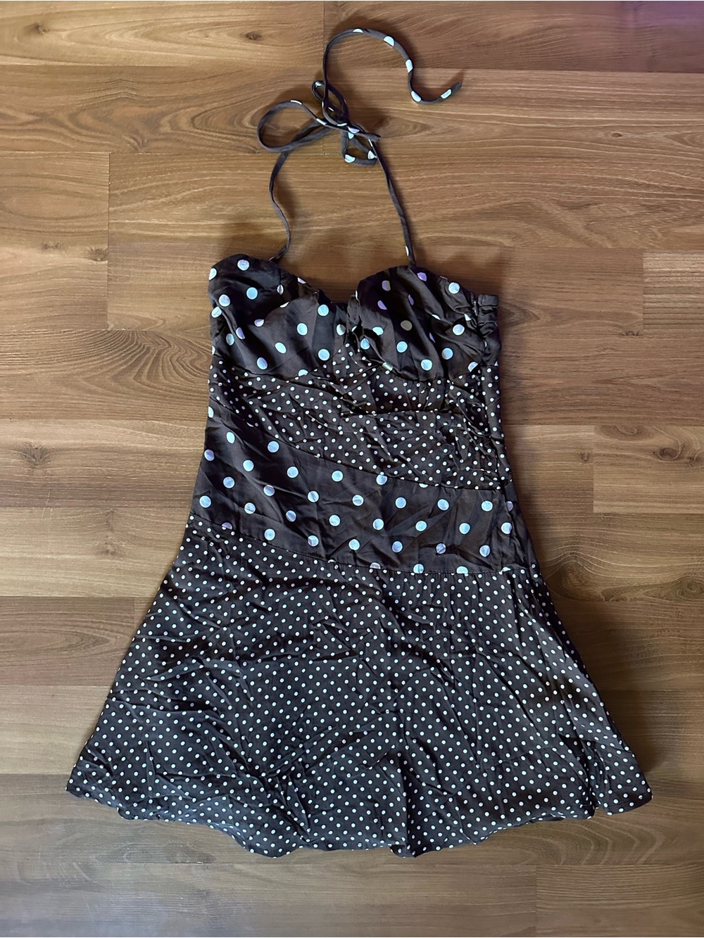 Polka Dot Halter Summer Dress - Brown with white Dots